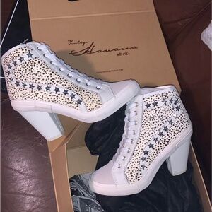 Vintage Havana White and Black Heeled Boots with Perforated Design